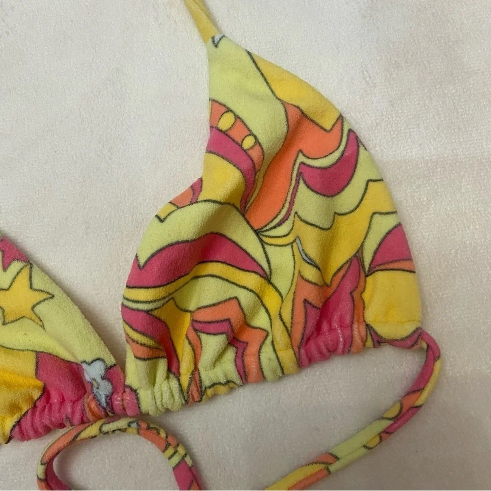 New! Frankie's Bikinis Tia Peace Terry Yellow Pink Patterned Bikini 1067